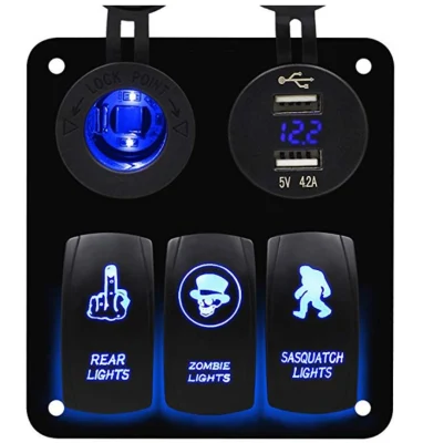 Panel de interruptor basculante azul de 3 bandas con USB dual y toma de corriente para barco marino, coche, RV