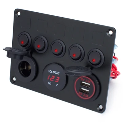 12V 24V IP65 5 Gang 4.2A Cargador USB Dual toma de luz de cigarrillo voltímetro pantalla encendido apagado Panel de interruptor basculante negro